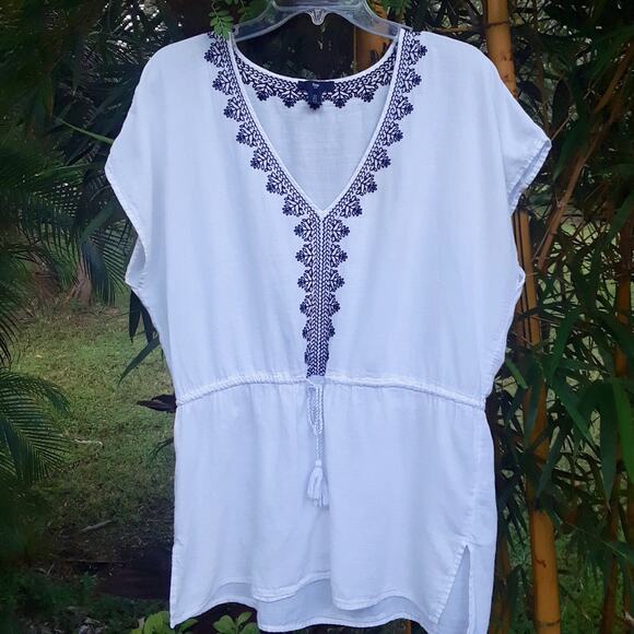 GAP Embroidered Tunic White Blue Cotton SZ S BOHO Blue Drawstring Short Sleeve - Picture 3 of 5